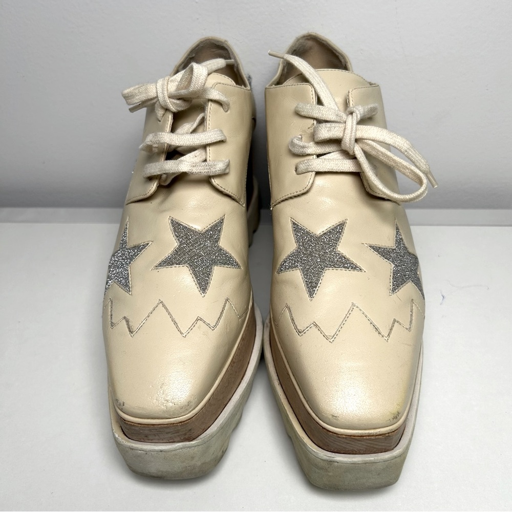Stella McCartney size 6.5 Beige Faux Leather Elyse Star Platform Lace Up Derby